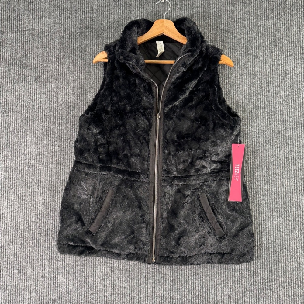 NWT Teezher Womens L Black Faux Fur Vest Zip Up Sleeveless Y2K Grunge Layering